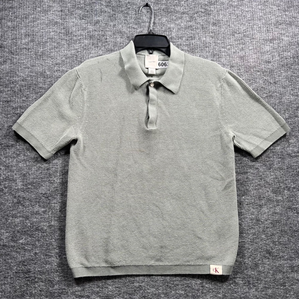 Calvin Klein Mens Small Sage Green Waffle Knit Short Sleeve Polo Shirt